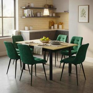 Set Masă Extensibilă Bucătărie / Dining Mara Stejar 130–170 × 75 cm cu 6 Scaune Onix Verde, Tapițate, Picioare Metalice Negre
