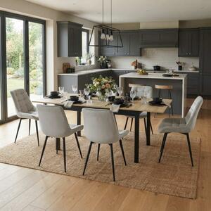 Set Masă Extensibilă Bucătărie / Dining Mara Stejar 130–170 × 75 cm cu 6 Scaune Onix Gri Deschis, Tapițate, Picioare Metalice Negre
