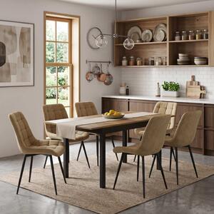 Set Masă Extensibilă Bucătărie / Dining Mara Nuc 130–170 × 75 cm cu 6 Scaune Onix Bej, Tapițate, Picioare Metalice Negre