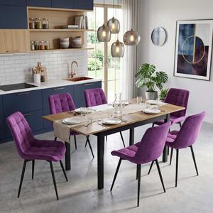 Set Masă Extensibilă Bucătărie / Dining Mara Nuc 130–170 × 75 cm cu 6 Scaune Onix Mov, Tapițate, Picioare Metalice Negre