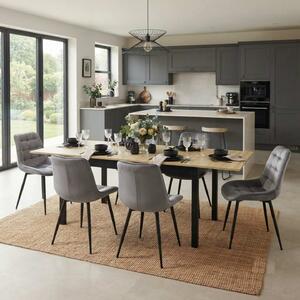 Set Masă Extensibilă Bucătărie / Dining Mara Stejar 130–170 × 75 cm cu 6 Scaune Onix Gri, Tapițate, Picioare Metalice Negre