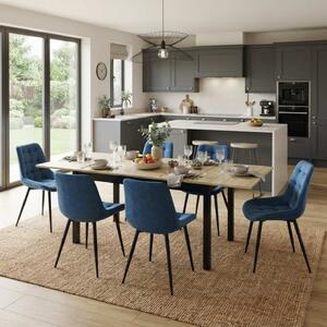 Set Masă Extensibilă Bucătărie / Dining Mara Stejar 130–170 × 75 cm cu 6 Scaune Onix Turcoaz, Tapițate, Picioare Metalice Negre