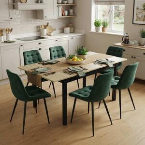 Set Masă Extensibilă Bucătărie / Dining Mara Stejar 130–170 × 75 cm cu 6 Scaune Onix Verde Închis, Tapițate, Picioare Metalice Negre