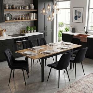 Set Masă Extensibilă Bucătărie / Dining Mara Nuc 130–170 × 75 cm cu 6 Scaune Onix Negru, Tapițate, Picioare Metalice Negre