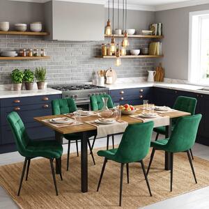 Set Masă Extensibilă Bucătărie / Dining Mara Nuc 130–170 × 75 cm cu 6 Scaune Onix Verde, Tapițate, Picioare Metalice Negre