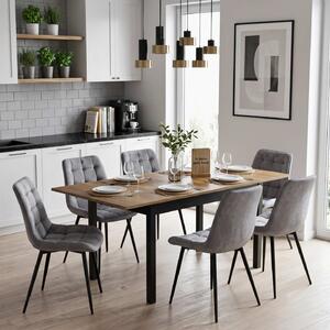 Set Masă Extensibilă Bucătărie / Dining Mara Nuc 130–170 × 75 cm cu 6 Scaune Onix Gri, Tapițate, Picioare Metalice Negre