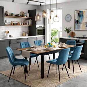 Set Masă Extensibilă Bucătărie / Dining Mara Nuc 130–170 × 75 cm cu 6 Scaune Onix Turcoaz, Tapițate, Picioare Metalice Negre