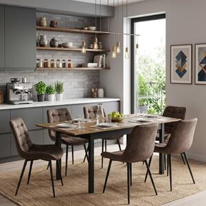Set Masă Extensibilă Bucătărie / Dining Mara Nuc 130–170 × 75 cm cu 6 Scaune Onix Maro, Tapițate, Picioare Metalice Negre