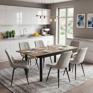 Set Masă Extensibilă Bucătărie / Dining Mara Nuc 130–170 × 75 cm cu 6 Scaune Onix Gri Deschis, Tapițate, Picioare Metalice Negre