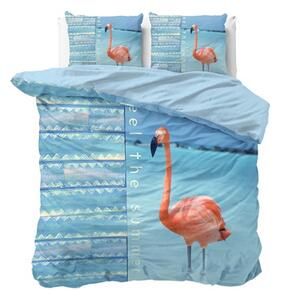 Lenjerie de pat modernă culoarea albastră cu model flamingo 200 x 200 cm 200x200