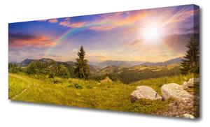 Tablou pe panza canvas Soare Munții Meadow pietre Natura Galben Verde Maro