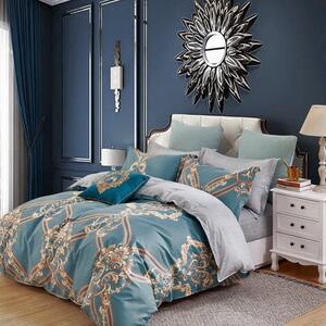 Lenjerie de pat de lux albastră, cu ornament baroc 3 părți: 1ks 200x220 + 2ks 70 cmx80