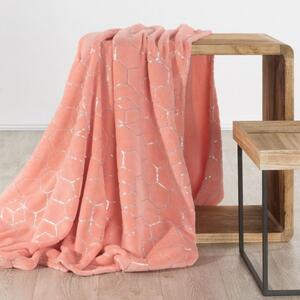 Pătură trendy roz coral, cu un model geometric argintiu Lăţime: 170 cm | Lungime: 210 cm