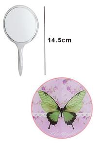 Oglinda cosmetica cu maner, rama argintie, imprimeu fluturi, 14.5 cm