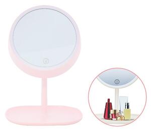 Oglinda cosmetica cu LED, suport bijuterii, 32 cm, roz