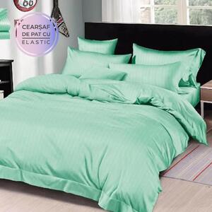 Lenjerie de pat, 2 persoane, damasc, cu elastic, model linii, culoare uni, verde deschis, LDA206
