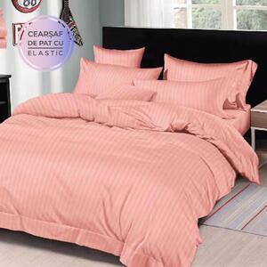 Lenjerie de pat, 2 persoane, damasc, cu elastic, model linii, culoare uni, roz pudrat, LDA205