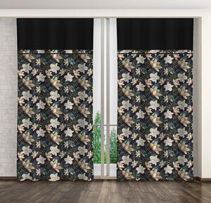 Draperie negru-bej, pe clești, cu flori decorative Lungime: 250 cm