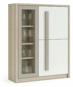 Comoda ROMA 2A, alb/stejar, PAL/PVC/sticla, 90x43x130 cm