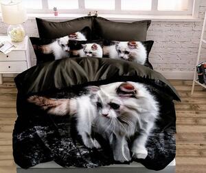 Lenjerie de pat neagră elegantă, cu motiv cu pisică albă 3 părți: 1buc 160 cmx200 + 2buc 70 cmx80