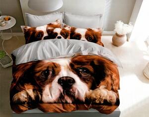 Lenjerie de pat reversibilă maro, cu imprimeu cu câine 3 părți: 1buc 160 cmx200 + 2buc 70 cmx80