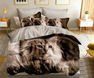 Lenjerie de pat originală cu două fețe, gri-maro, cu motiv de pisică 3 părți: 1buc 160 cmx200 + 2buc 70 cmx80