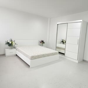 Dormitor Albania Alb cu Pat Matrimonial Alb 160 cm x 200 cm , Dulap Usi Glisante Alb 150 cm x 200 cm si Noptiere Albe