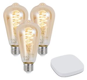 Set de 3 becuri LED inteligente E27, reglabile, ST64 4,9W 320 lm 2500K, inclusiv hub inteligent Zigbee