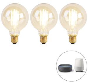 Set de 3 becuri LED inteligente E27 cu reglare a luminozității la cald G95 Goldline 7W 806lm 1800K - 3000K