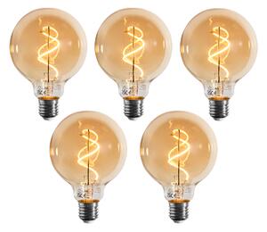 Set de 5 becuri LED E27 dimabile cu filament spiralat G95 aurii 4W 270 lm 2100K
