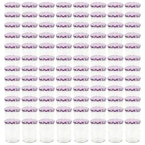 Borcane sticlă pentru gem, capace alb & violet, 96 buc., 400 ml