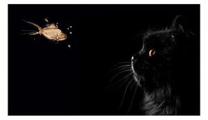 Panou decorativ bucatarie, sticla securizata, protectie plita, print UV model Pisica Neagra si Peste Auriu, 60x50 cm