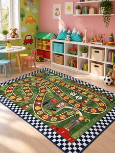 Covor Camera Copii Racing Game, Marime 133 x 190 cm, Verde, Inaltime Fir 10 mm, Antiderapant, Antialergic, Poliamida, Gradinita, Cresa, Loc de Joaca