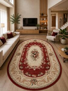 Covor Oval Lotos 535-210, Marime 60 x 110 cm, Crem, Rosu, Inaltime Fir 8 mm, Antialergic, Polipropilena, Living, Dormitor, Sufragerie, Birou 60 x 110