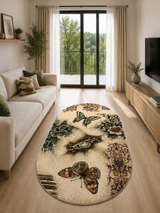 Covor Oval Fluturi 1607-110, Marime 80 x 150 cm, Bej, Maro, Inaltime Fir 8 mm, Antialergic, Polipropilena, Living, Dormitor, Sufragerie, Birou 80 x