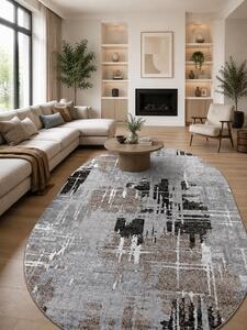 Covor Oval Mira 24037-123, Marime 50 x 80 cm, Gri, Maro, Inaltime Fir 6 mm, Antialergic, Polipropilena, Living, Dormitor, Sufragerie, Birou 50 x 80