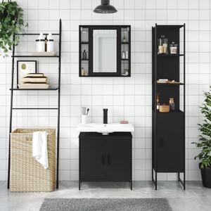 Set dulapuri de baie, 3 piese, negru, lemn prelucrat