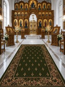Covor Bisericesc Lotos 15033-310, Marime 80 x 150 cm, Verde, Inaltime Fir 8 mm, Antialergic, Polipropilena, Manastire, Biserica, Altar, Naos, Pronaos