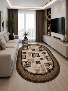 Covor Oval Luna 1835-12, Marime 60 x 110 cm, Crem, Maro, Inaltime Fir 6 mm, Antialergic, Polipropilena, Living, Dormitor, Sufragerie, Birou 60 x 110