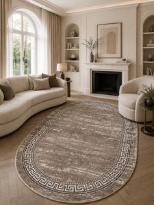 Covor Oval Mira 24001-121, Marime 60 x 110 cm, Maro, Bej, Inaltime Fir 6.5 mm, Grosime 8 mm, Antialergic, Polipropilena Frieze, Living, Dormitor