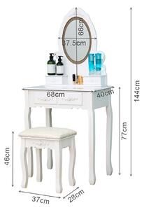 Set Eva, Masă de toaletă cu oglindă iluminată bandă LED, control touch, 4 sertare, scaun, Alb