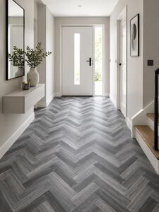 Linoleum Rezidential Antiderapant Clasa 21, Belgia, Venice 961M, Suport Spuma, Grosime 2.3 mm, Imitatie Parchet, Gri, Negru, PVC, Latime 2m, Marime