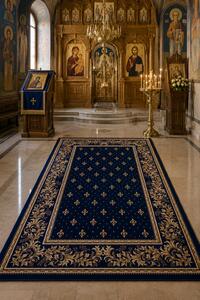 Covor Bisericesc Lotos 15033-810, Marime 80 x 150 cm, Albastru, Inaltime Fir 8 mm, Antialergic, Polipropilena, Manastire, Biserica, Altar, Naos