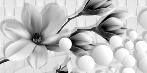 Tablou magnolie cu elemente abstracte alb-negru