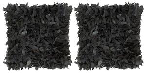 Pernuțe Shaggy, 2 buc., negru, 45x45 cm, piele și bumbac