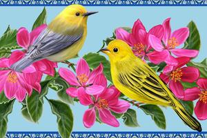 Tablou păsărele și flori în stil vintage