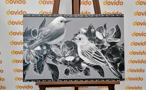 Tablou păsărele și flori în stil vintage alb-negru
