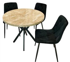 Set masa Hamburg Royal Beige cu 3 scaune Kobe negru, DENVER, picioare metalice negre, forma rotunda, 90x73 cm
