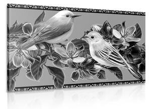 Tablou păsărele și flori în stil vintage alb-negru