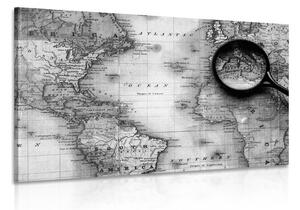 Tablou harta lumii cu lupa alb-negru